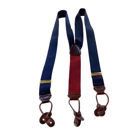 Vintage TRAFALGAR Maroon Blue Nylon Suspenders Braces | Leather Tabs - Picture 1 of 10